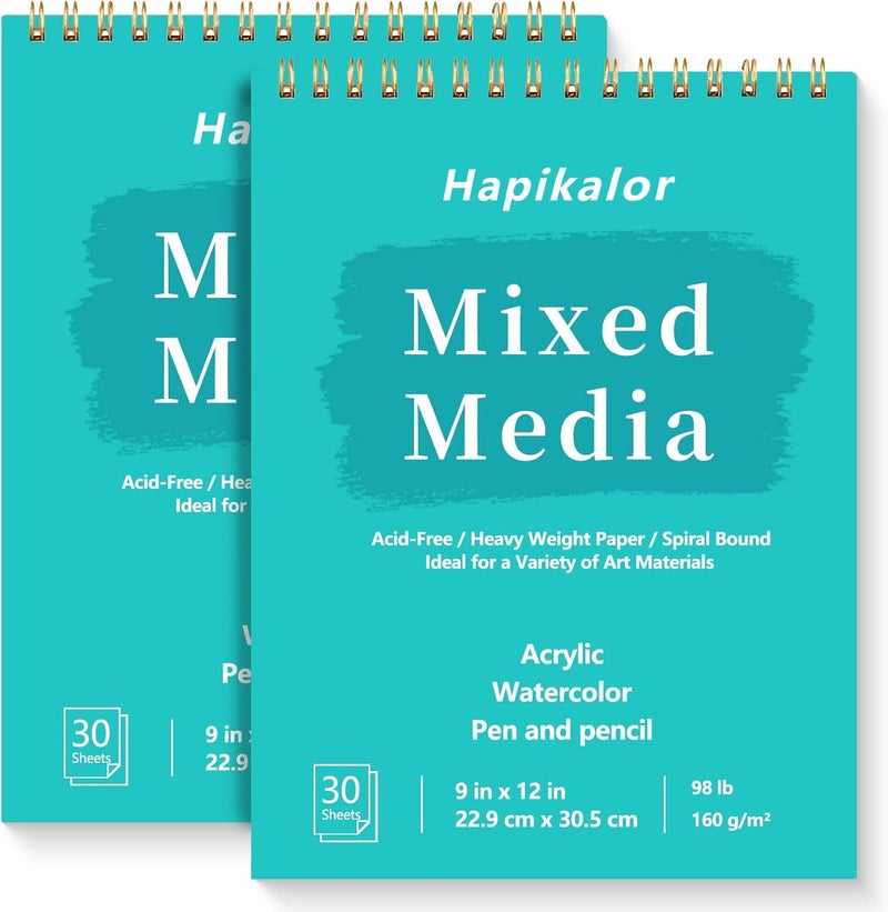Hapikalor Sketch Book Mixed Media Pad, 2-Pack 9" x 12" Top Spiral Bound Sketch Pad, 30 Sheets 98lb/160gsm Acid-Free Drawing Paper, Art Supplies Sketchbook for Drawing, Sketching - Image 1